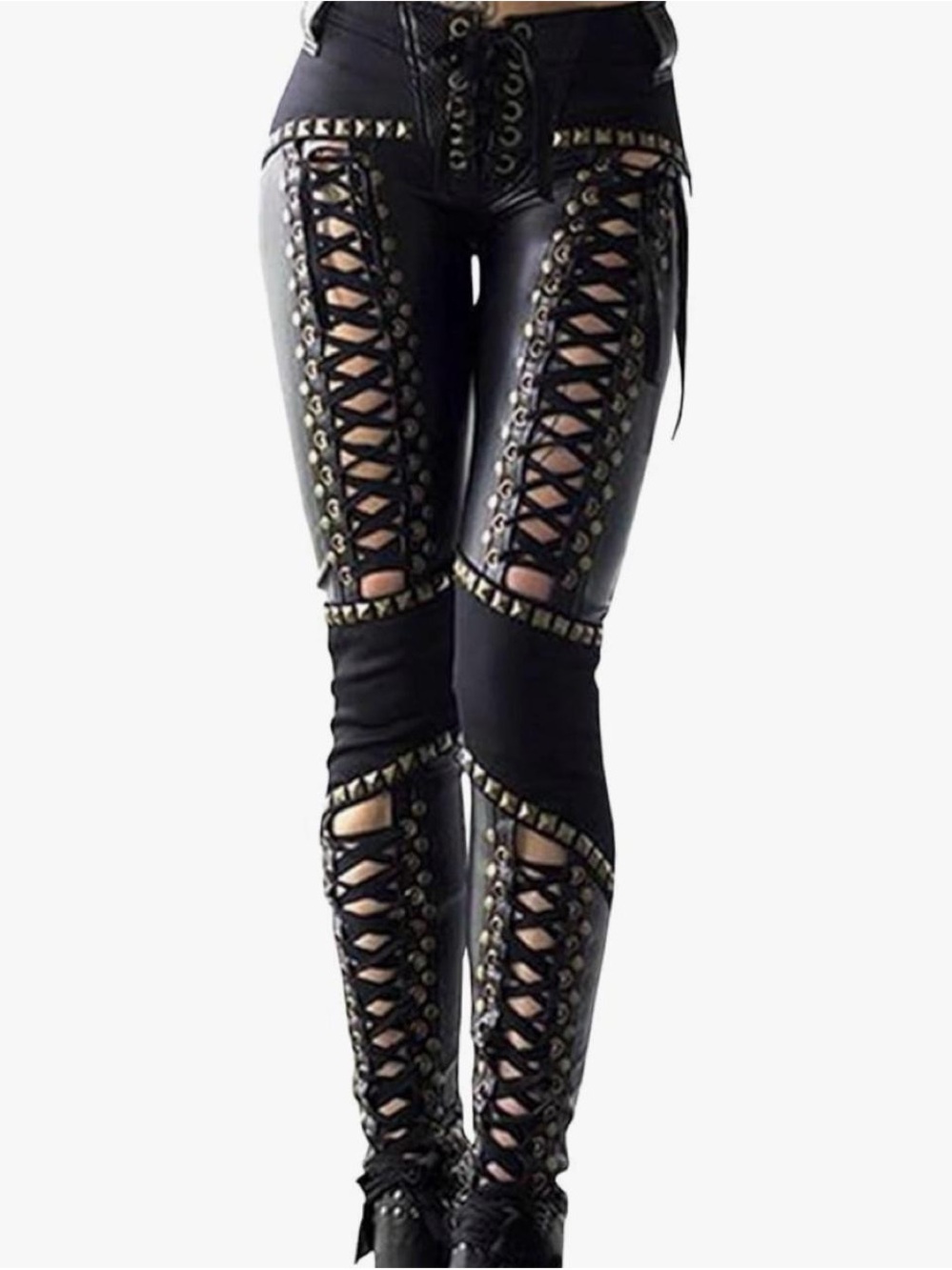Black faux leather lace-up pants gold studs cut-out details S Goth Punk Cosplay